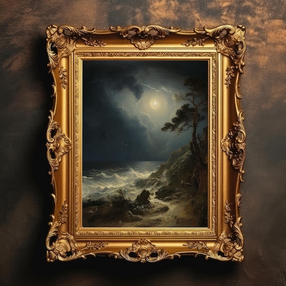Moonlit Waves Crashing On Rocky Cliff Vintage Ocean Art Print