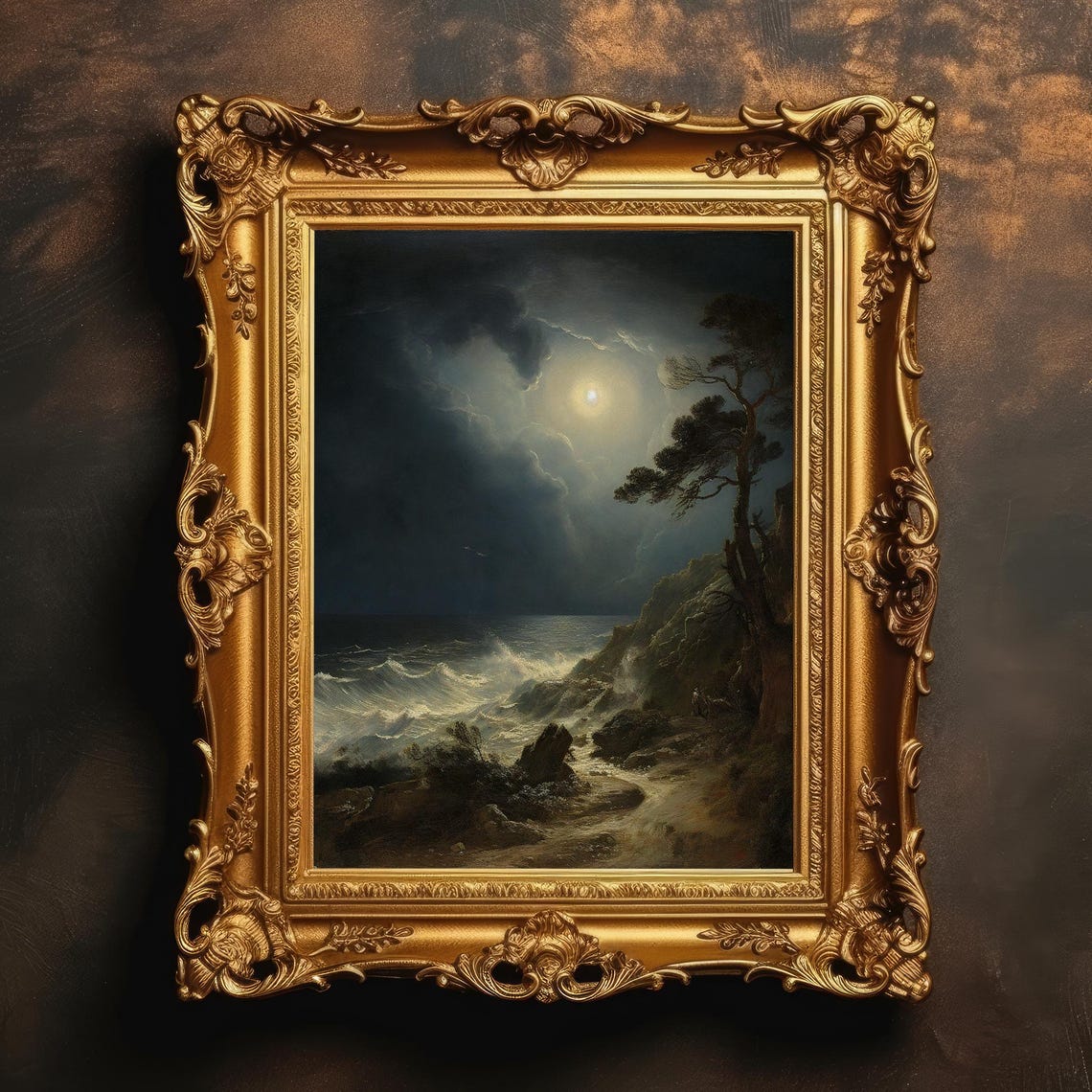 Moonlit Waves Crashing On Rocky Cliff Vintage Ocean Art Print