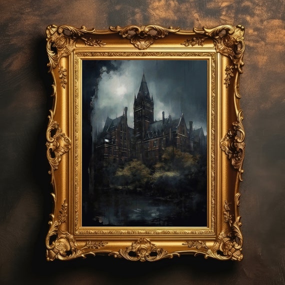 Asylum Gothic Architecture Wall Art Moody Oil Painting Print Dark Academia Decor Vintage