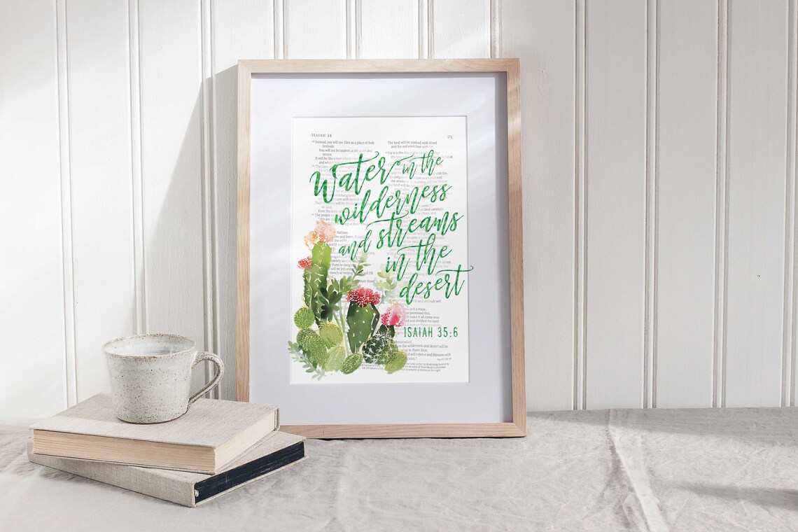 Streams In The Desert Scripture Print Cactus Flower Isaiah 35v6 Watercolor Art Print Desert Flower Wall Art - Image 3
