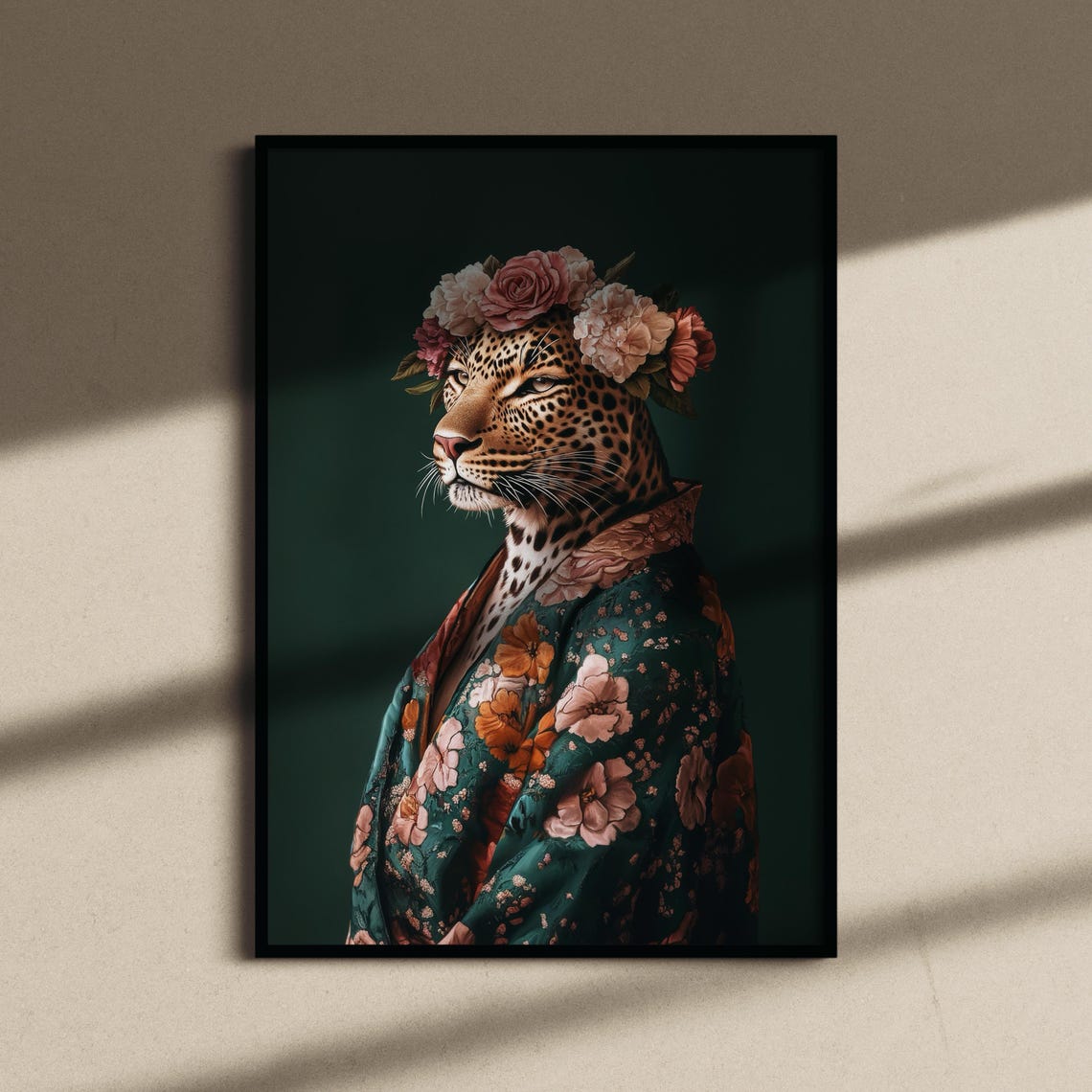 Regal Leopard Portrait Flower Crown Floral Robe Dark Green Poster - Image 2