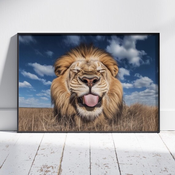 Goofy Lion Tongue Out Savanna Wildlife Photography Style Poster