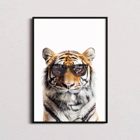 Tiger Wearing Black Sunglasses Bold Minimalist White Photo Poster
