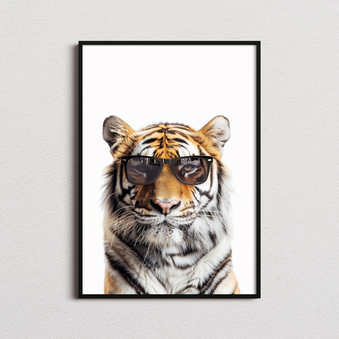 Tiger Wearing Black Sunglasses Bold Minimalist White Photo Poster