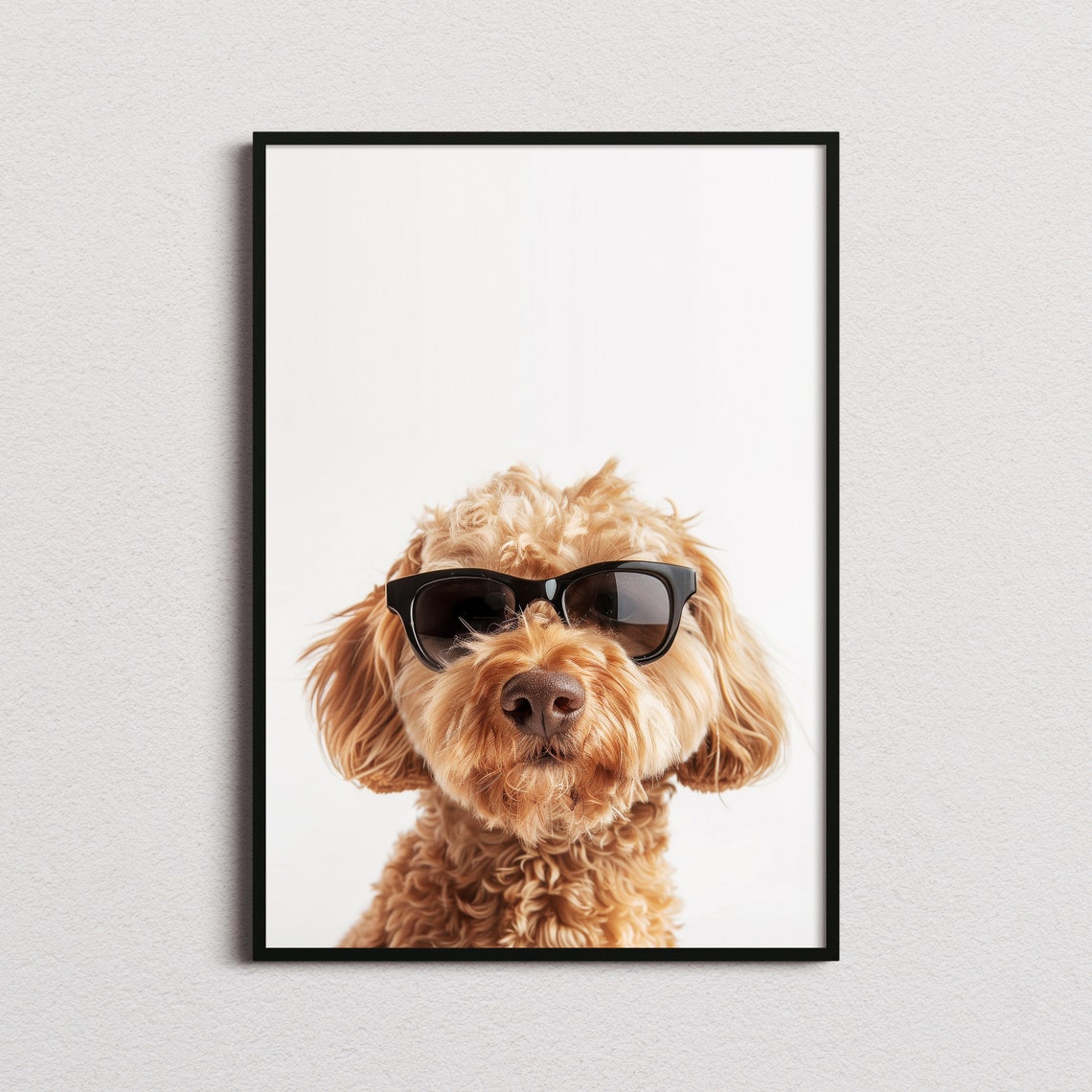 Curly Goldendoodle Puppy in Sunglasses Adorable Dog Portrait Poster