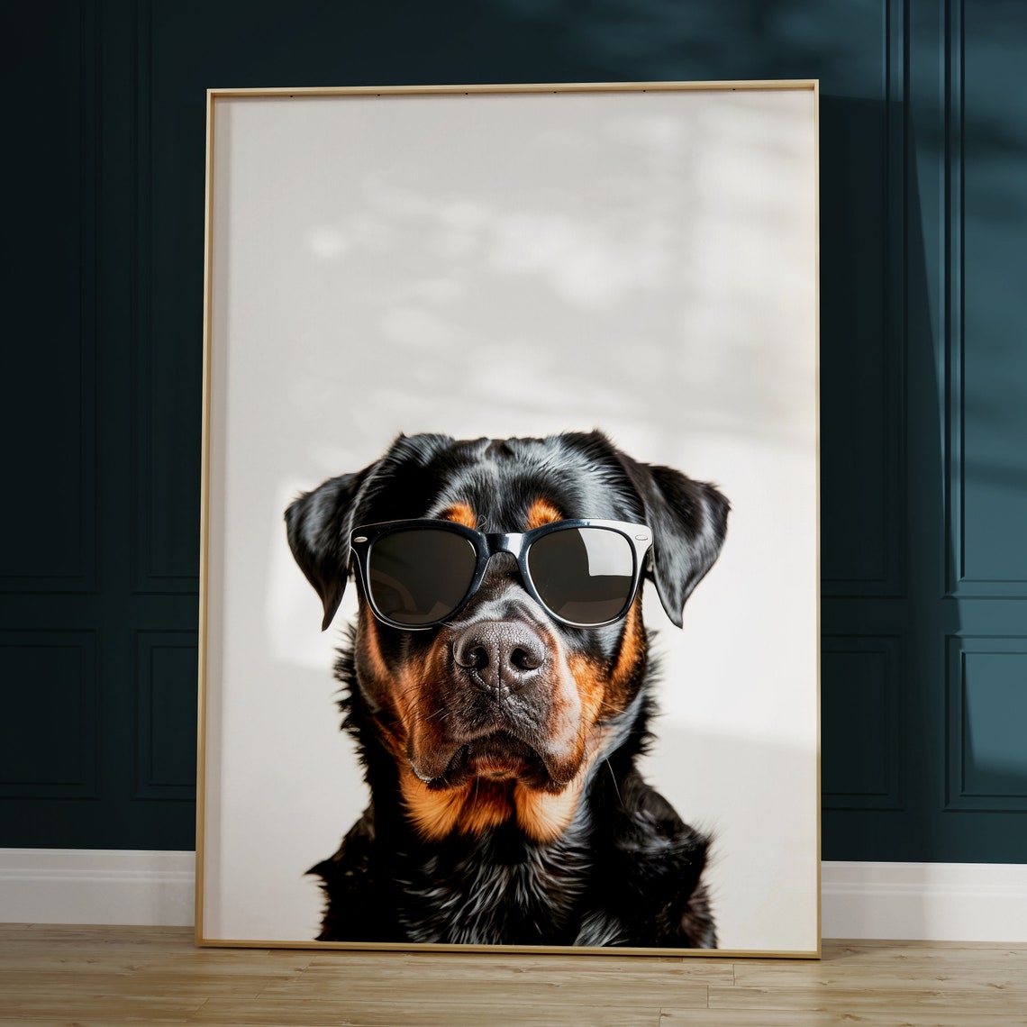 Rottweiler Dog In Sunglasses Bold Minimalist White Photo Poster - Image 2