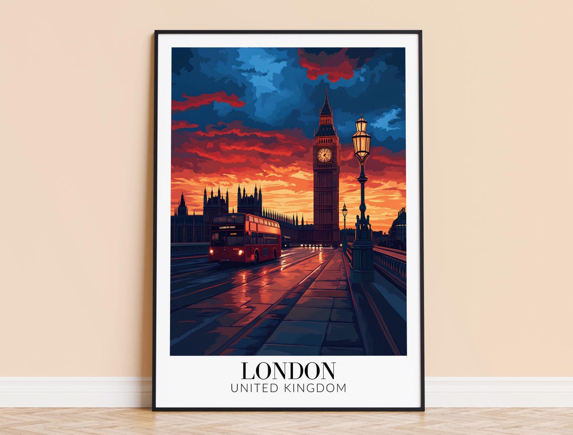 London Big Ben Red Bus Fiery Sunset Westminster Cityscape Poster