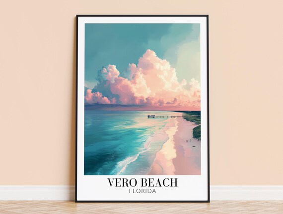 Vero Beach Florida Sunset Aerial Beach And Pier Travel Poster