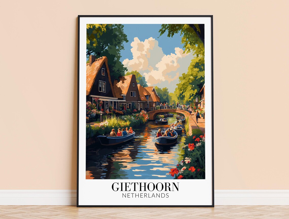 Charming Giethoorn Netherlands Canal Boats Village Travel Poster