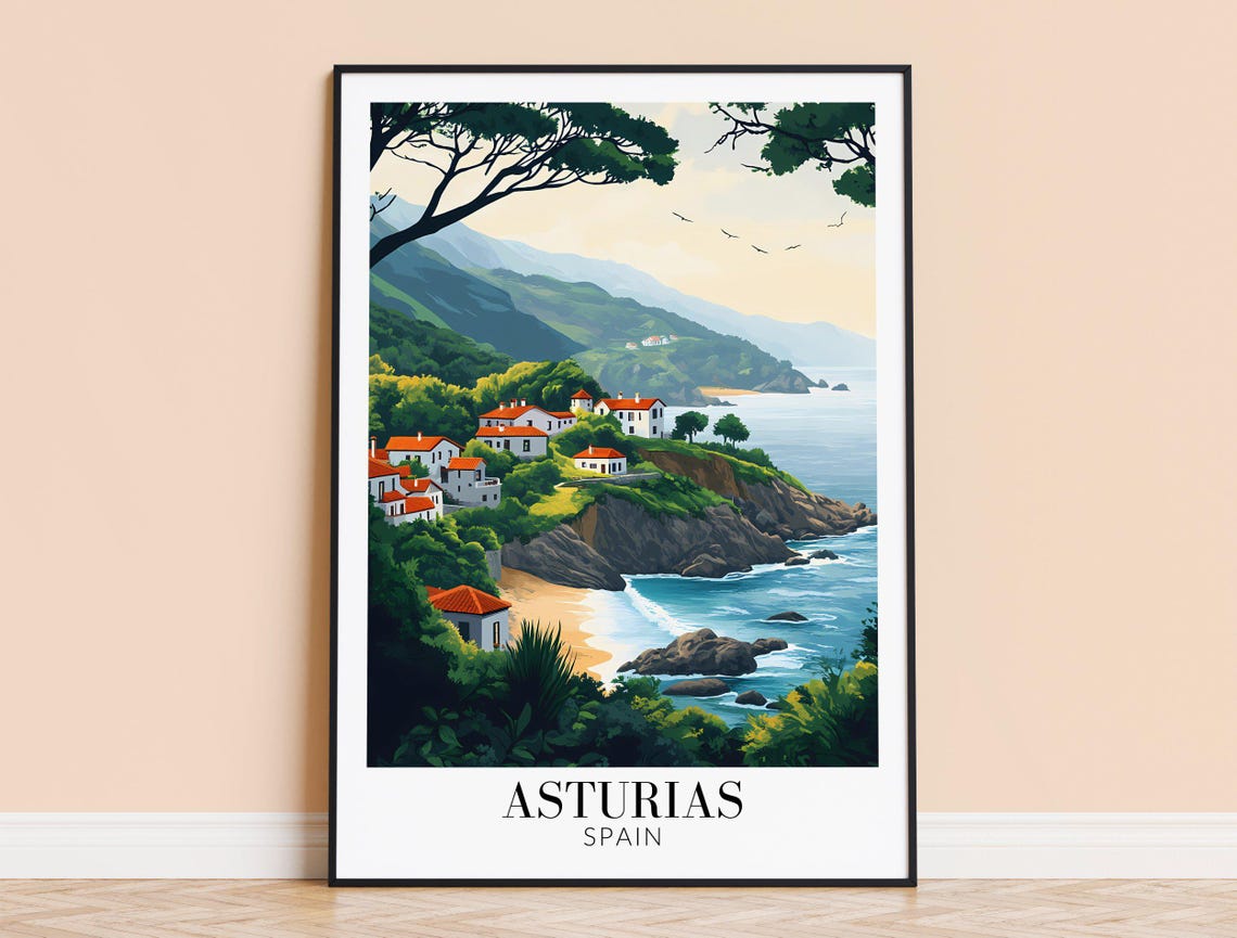 Asturias Spain Rocky Coastal Cliffs Whitewashed Village Travel Poster