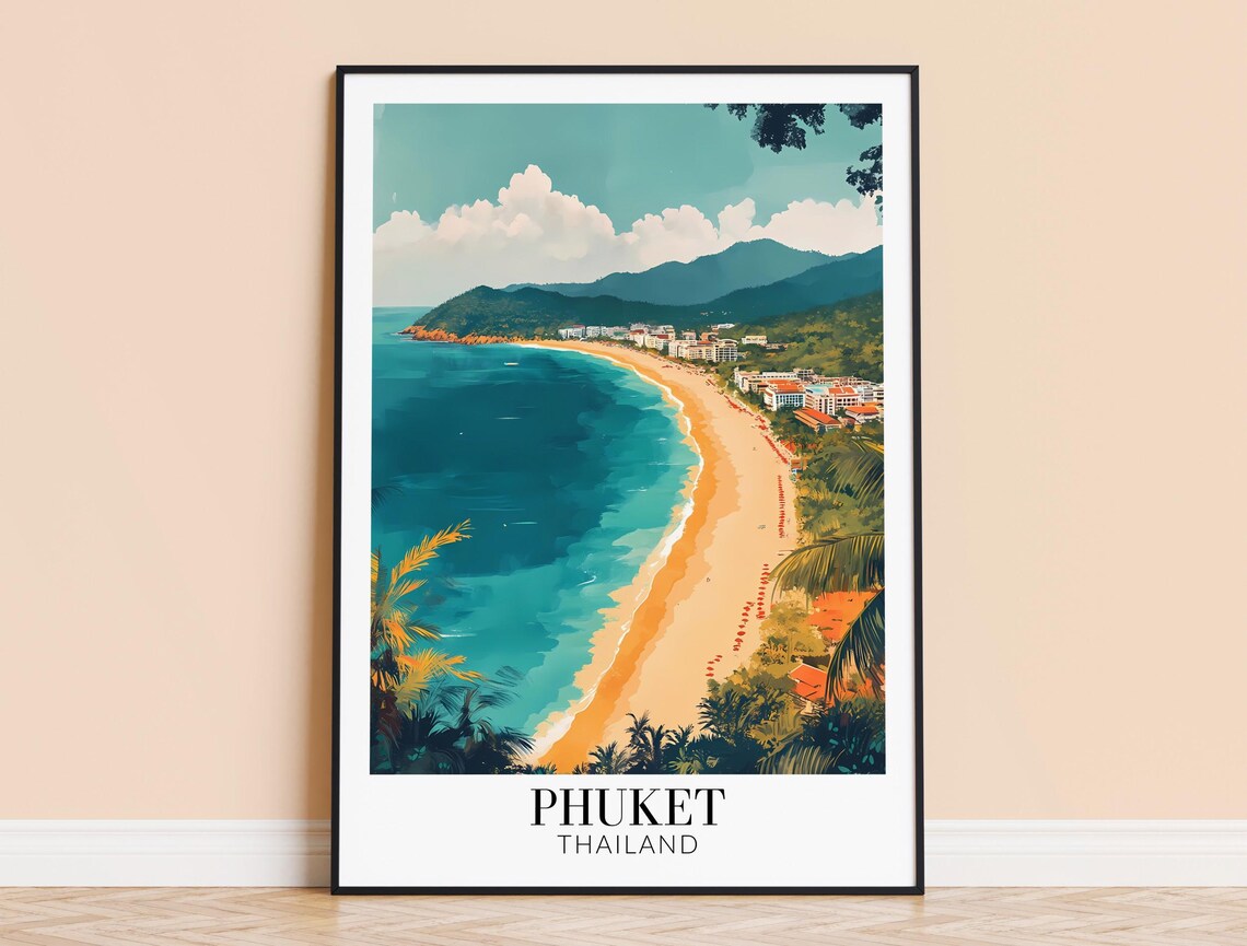 Phuket Thailand Curved Sandy Bay Palm Trees Coastal View Travel Poster