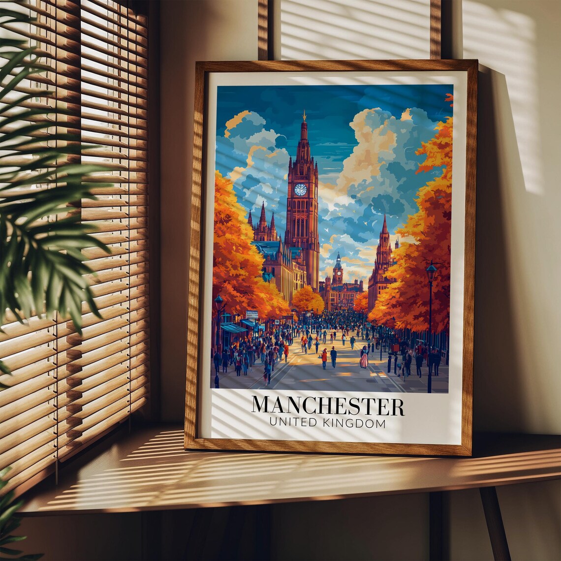 Busy Manchester Town Hall Golden Autumn Crowded Street Poster - Image 3