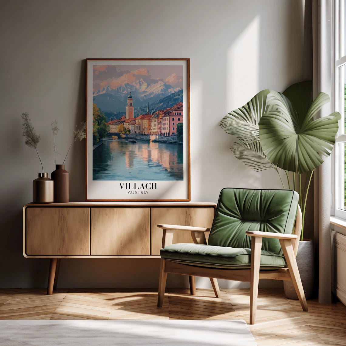 Villach Austria Riverside Promenade Pastel Sunset Glow Poster - Image 3