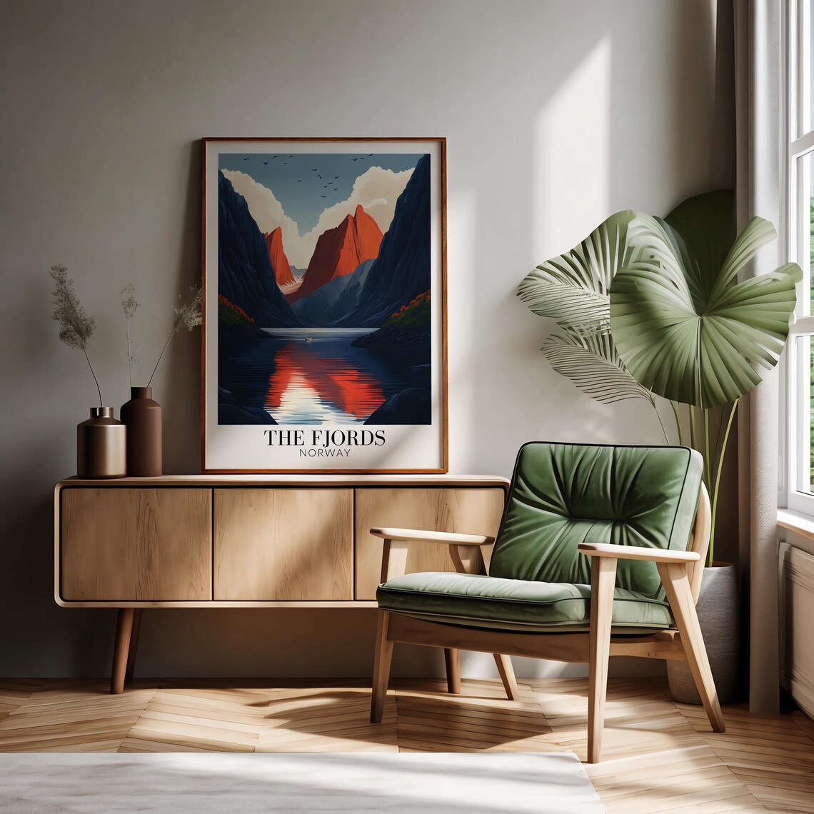 Norwegian Fjords Dramatic Red Peaks Mirror Reflection Travel Poster - Image 4