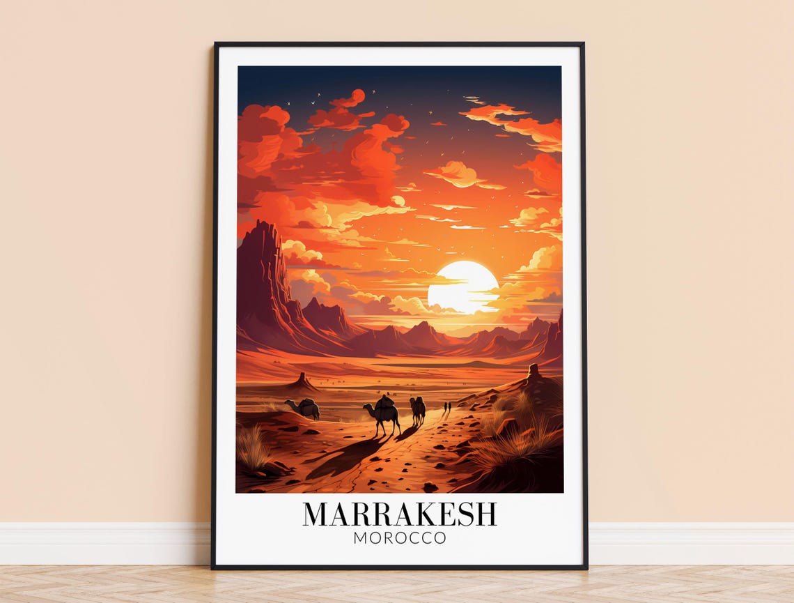 Marrakesh Morocco Travel Poster Desert Sunset Camel Caravan Warm Decor