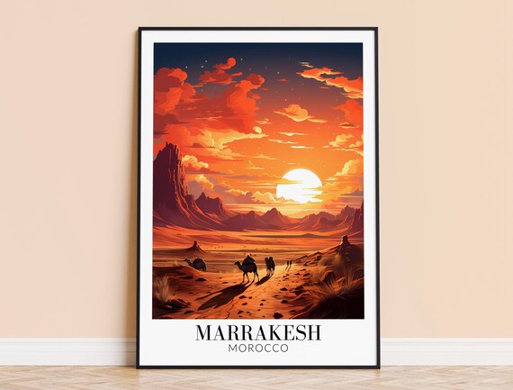 Marrakesh Morocco Travel Poster Desert Sunset Camel Caravan Warm Decor