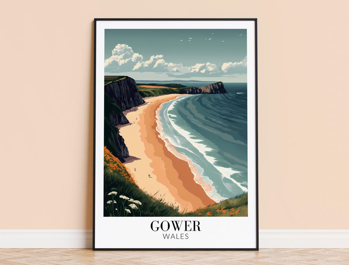 Gower Wales Dramatic Cliff Cove Sandy Beach Coastal Travel Poster