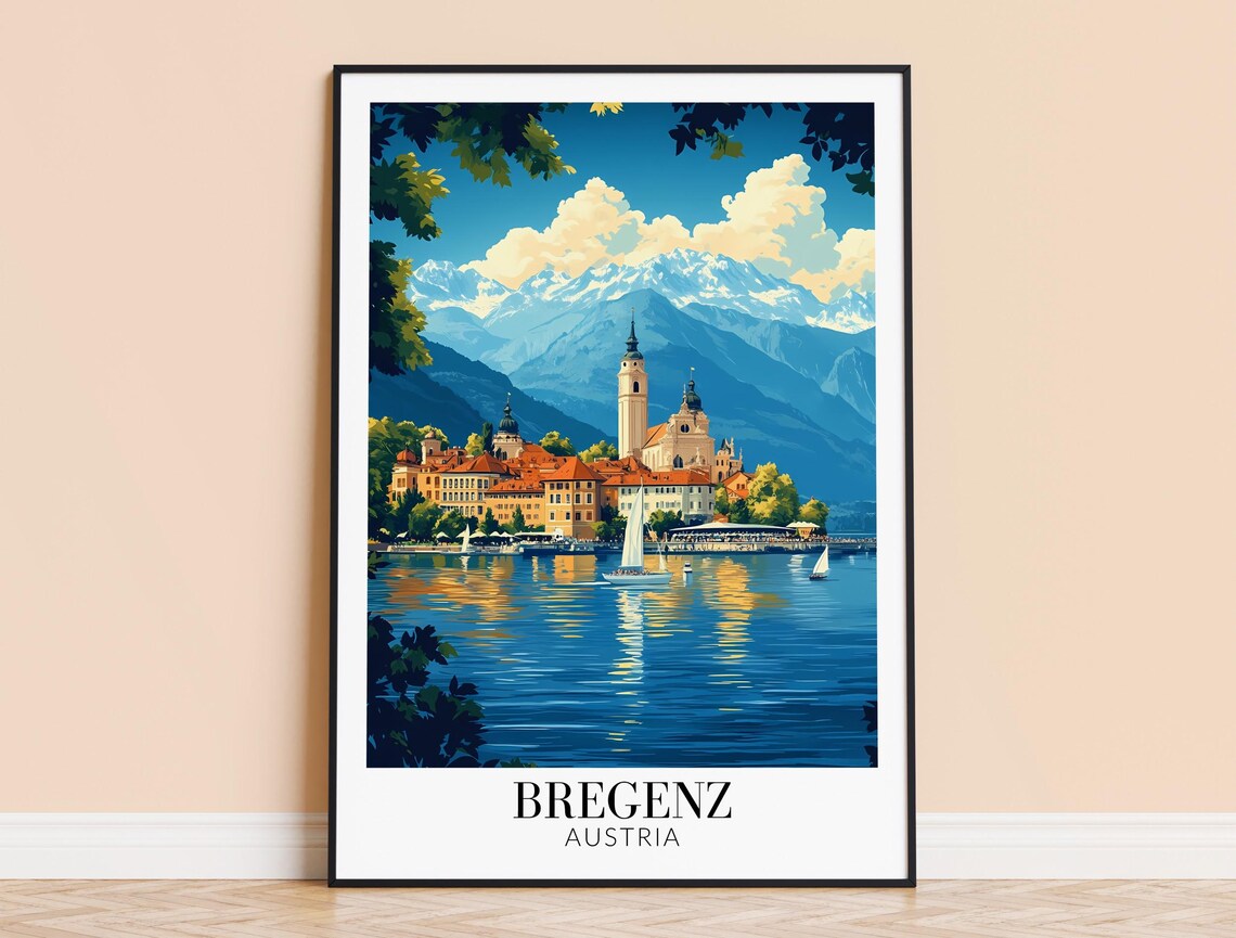 Bregenz Lakeside Church Daytime View Austria Alps Travel Poster