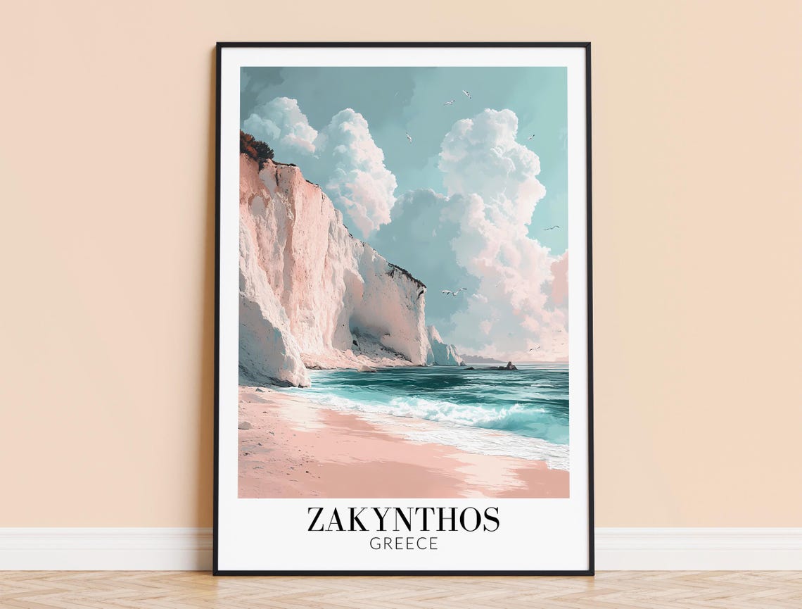 Zakynthos Greece White Cliffs Pastel Beach Morning Calm Travel Poster