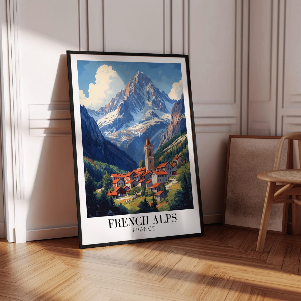 French Alps Village with Church Steeple Beneath Snowy Peak Poster - Image 4
