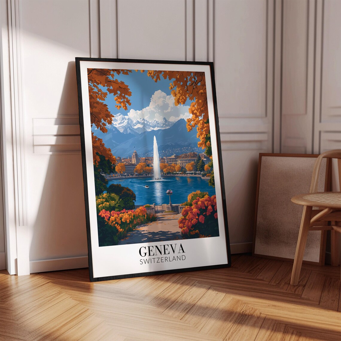 Geneva Switzerland Lakeside Fountain Autumn Alps Travel Poster - Image 2
