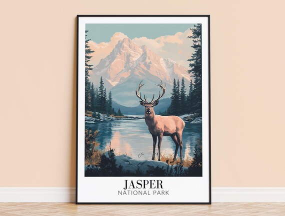 Jasper National Park Scenic Stag On Rocky Lakeshore Travel Poster