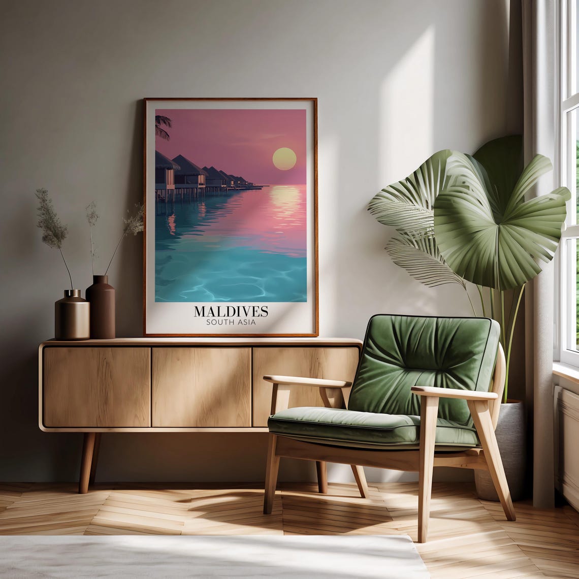 Maldives Pink Sunset Overwater Villas Glassy Calm Water Poster - Image 2