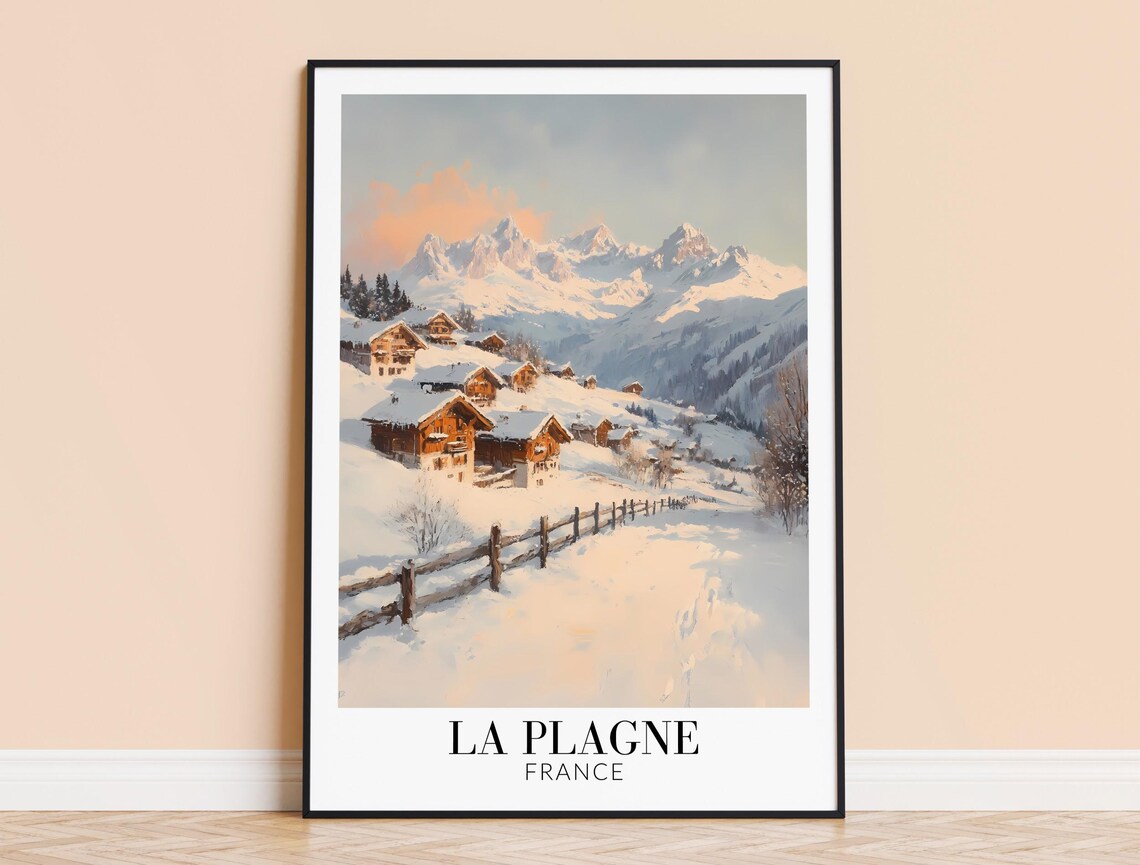 La Plagne France Snowy Alpine Chalets Sunset Mountain Travel Poster