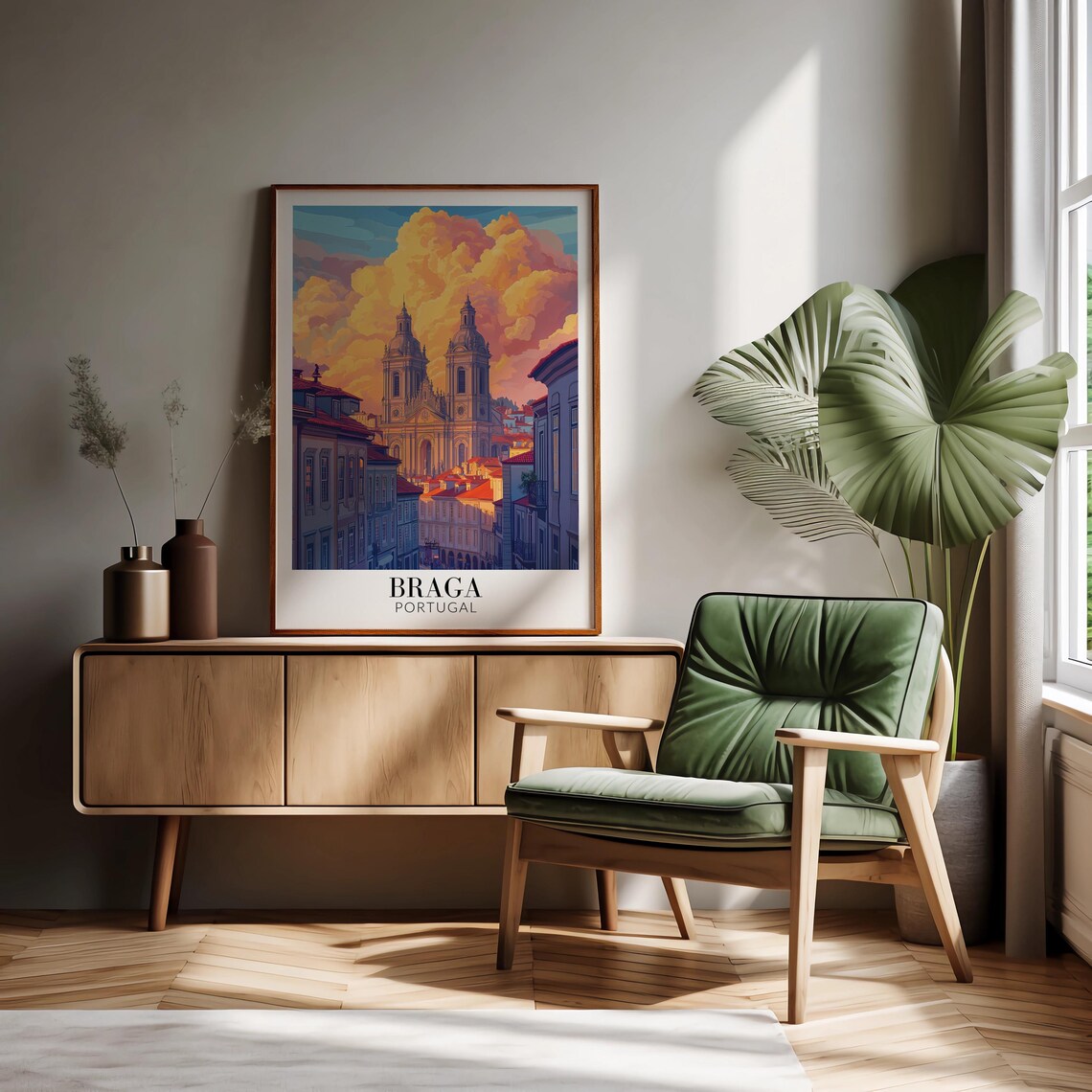 Braga Portugal Twin Tower Cathedral Sunset Old Town Street Poster - Image 2