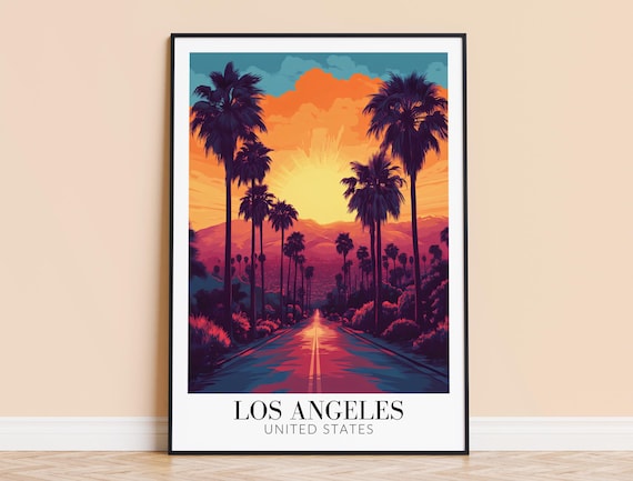 Los Angeles Sunset Palm Boulevard Orange Sky Retro Travel Art Poster