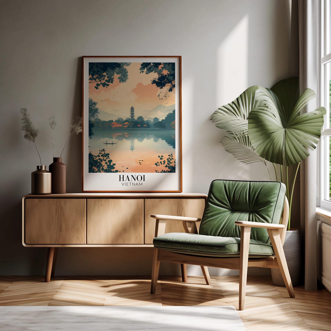 Hanoi Vietnam Lakeside Pagoda Reflection at Sunset Travel Poster - Image 2