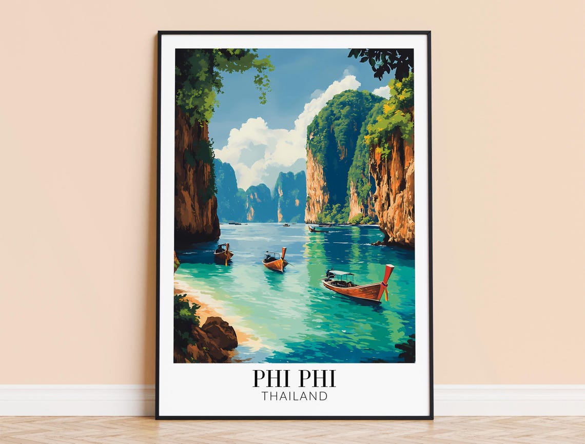 Phi Phi Thailand Emerald Cove Longtail Boats Between Cliffs Poster