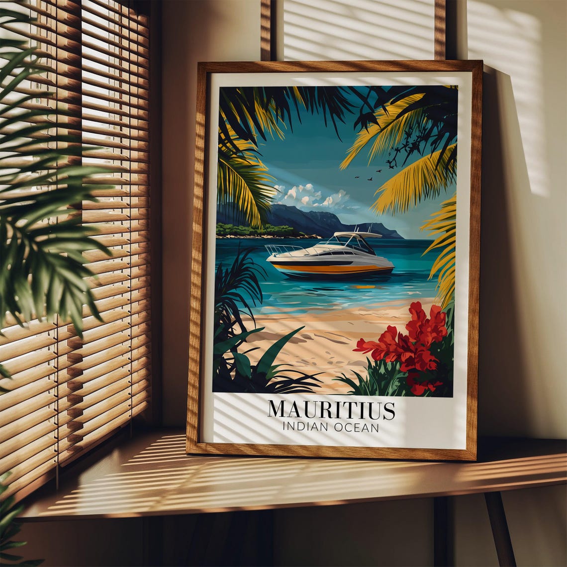 Mauritius Indian Ocean Beach Poster with Yacht and Palm Trees - Image 4