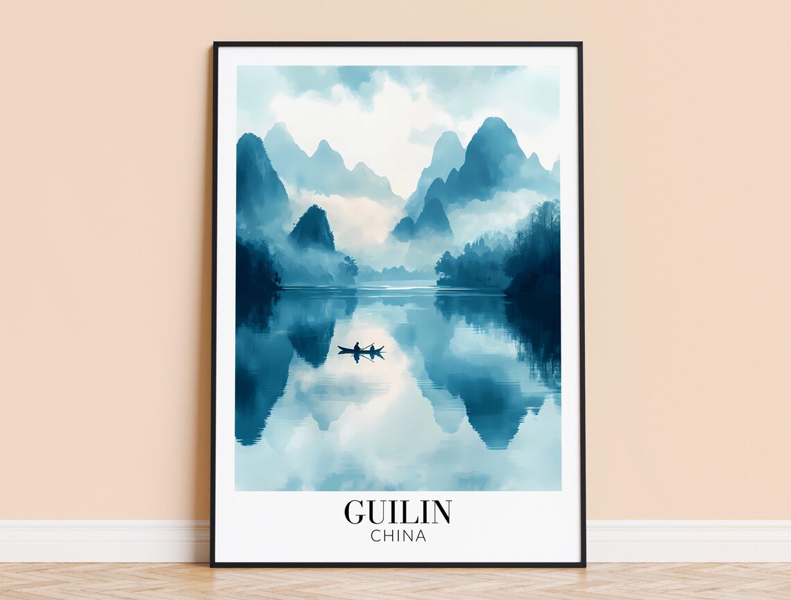 Guilin China Misty Blue Karst Mountains Ink Wash Style Travel Poster