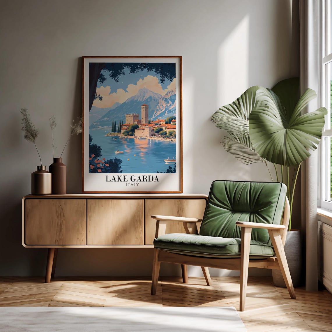 Lake Garda Italy Medieval Tower Lakeside Mountain Town Travel Poster - Image 2