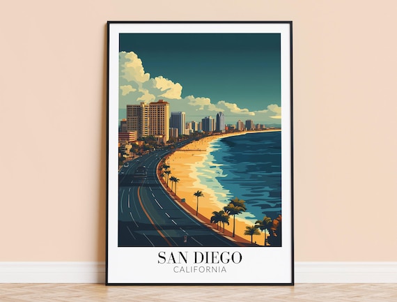 San Diego California Palm Beach Coastline Vintage Travel Poster