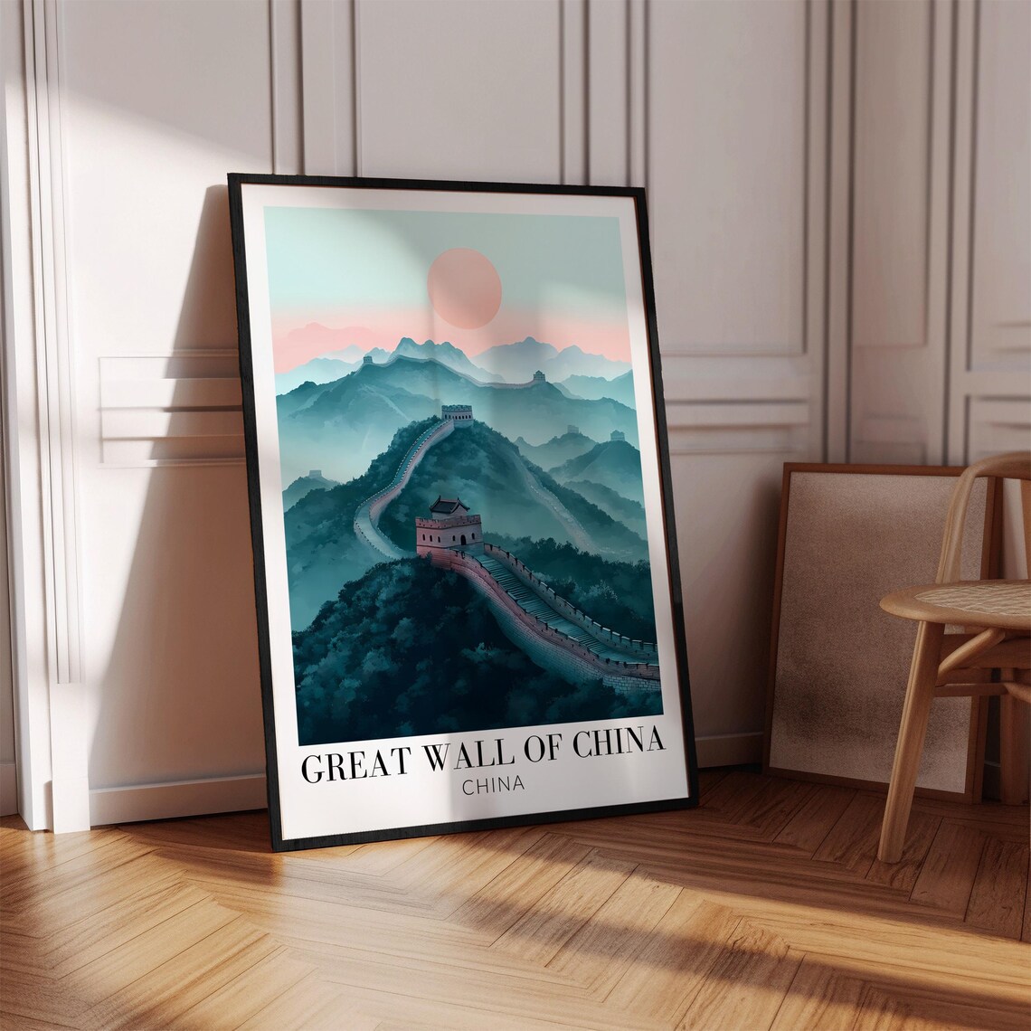 Great Wall of China Misty Teal Mountains Pink Sun Travel Poster - Image 4