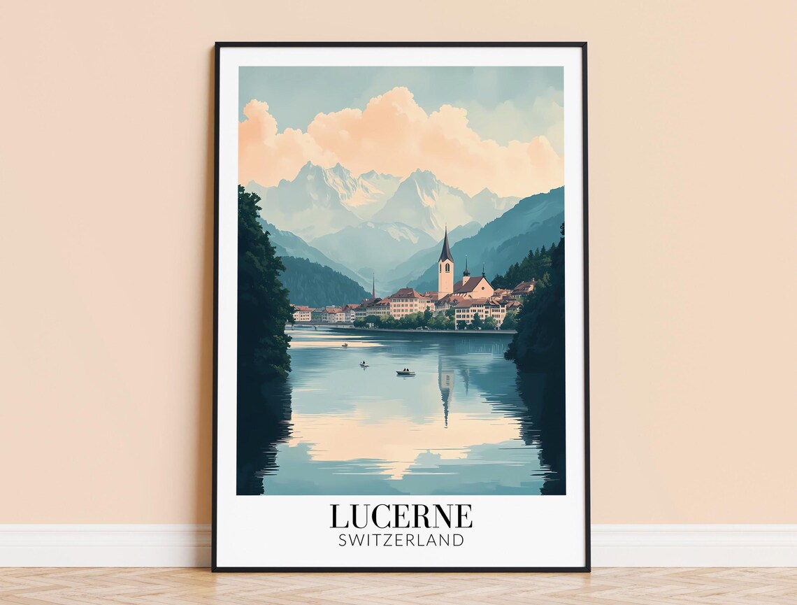 Lucerne Switzerland Lake Mountain Reflection Old Town Travel Poster