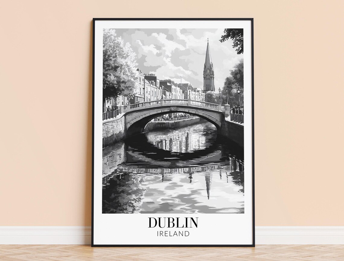 Dublin Ireland Historic Stone Bridge Monochrome Travel Poster
