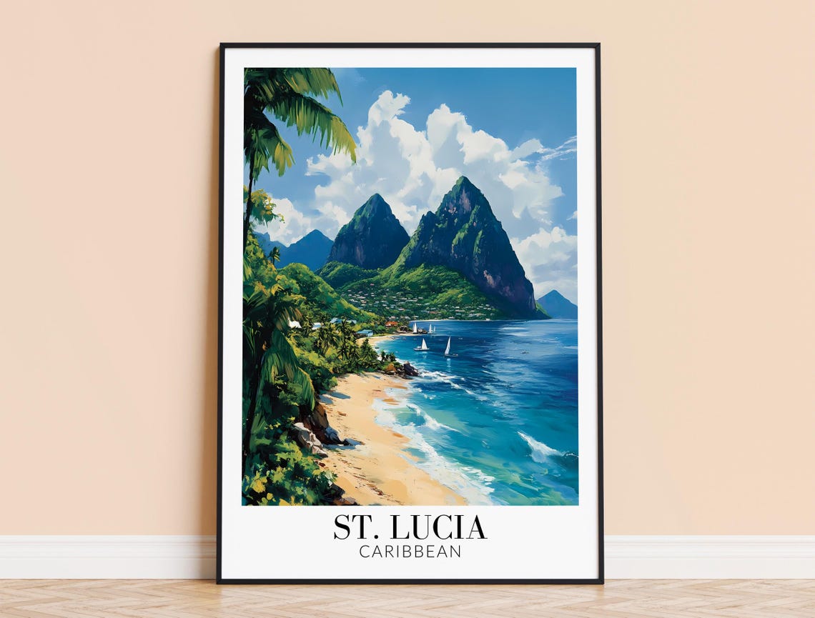 St Lucia Caribbean Twin Piton Peaks Palm Beach Travel Poster
