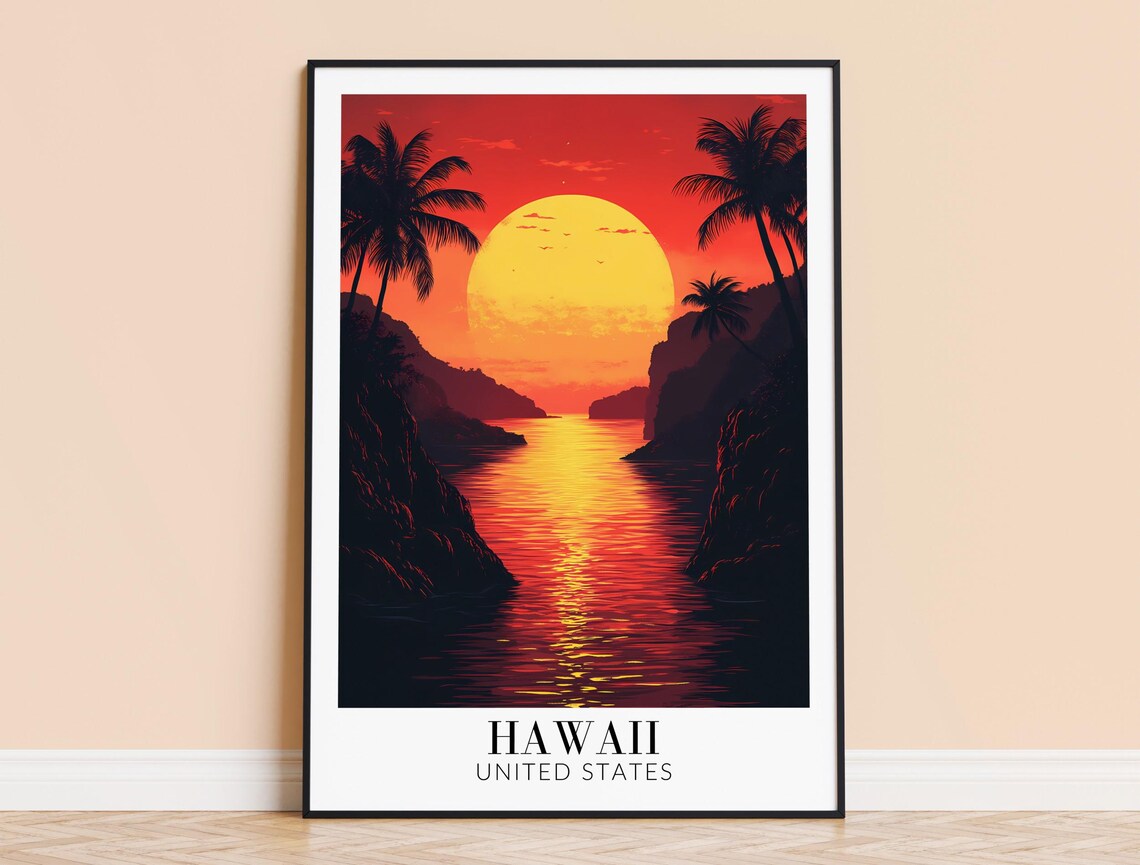 Hawaii Red Sunset Poster with Giant Sun Over Still Ocean Inlet
