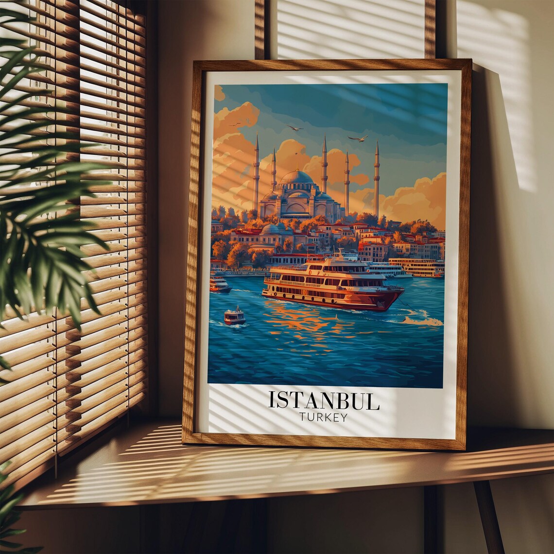 Istanbul Turkey Grand Mosque and Ferry Golden Hour Travel Poster - Image 3