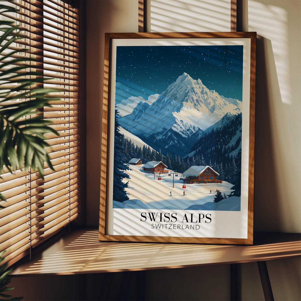 Swiss Alps Starry Night Ski Chalets Snowy Peak Travel Poster - Image 4
