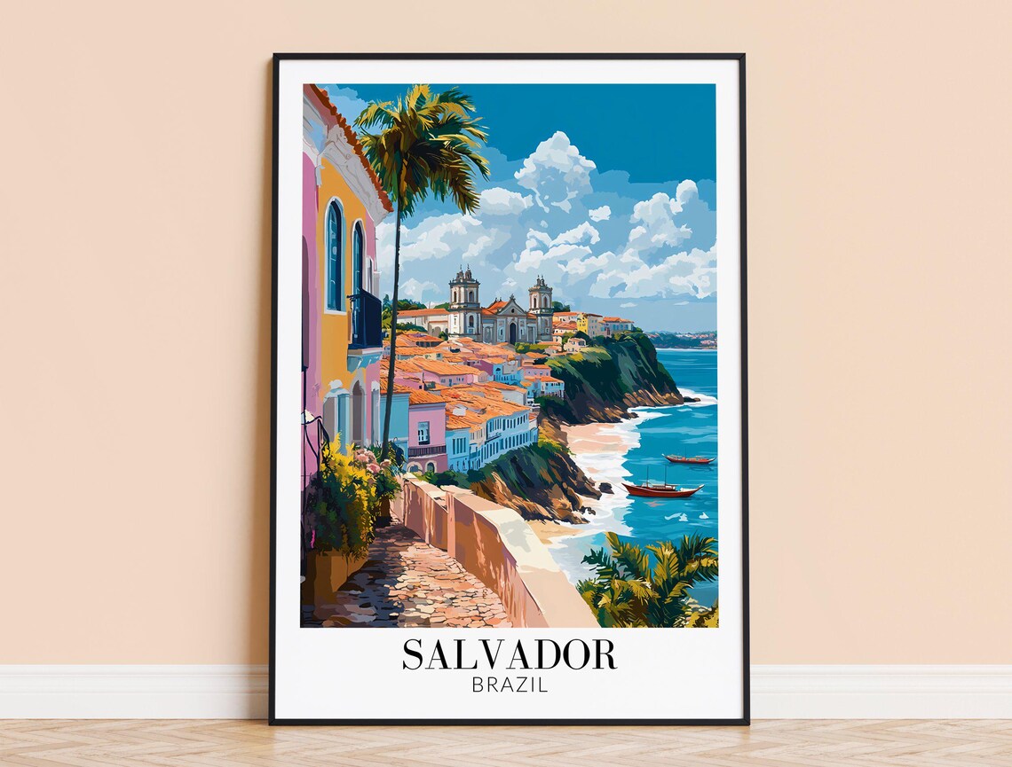 Salvador Brazil Cliffside Church and Harbor Vintage Travel Poster