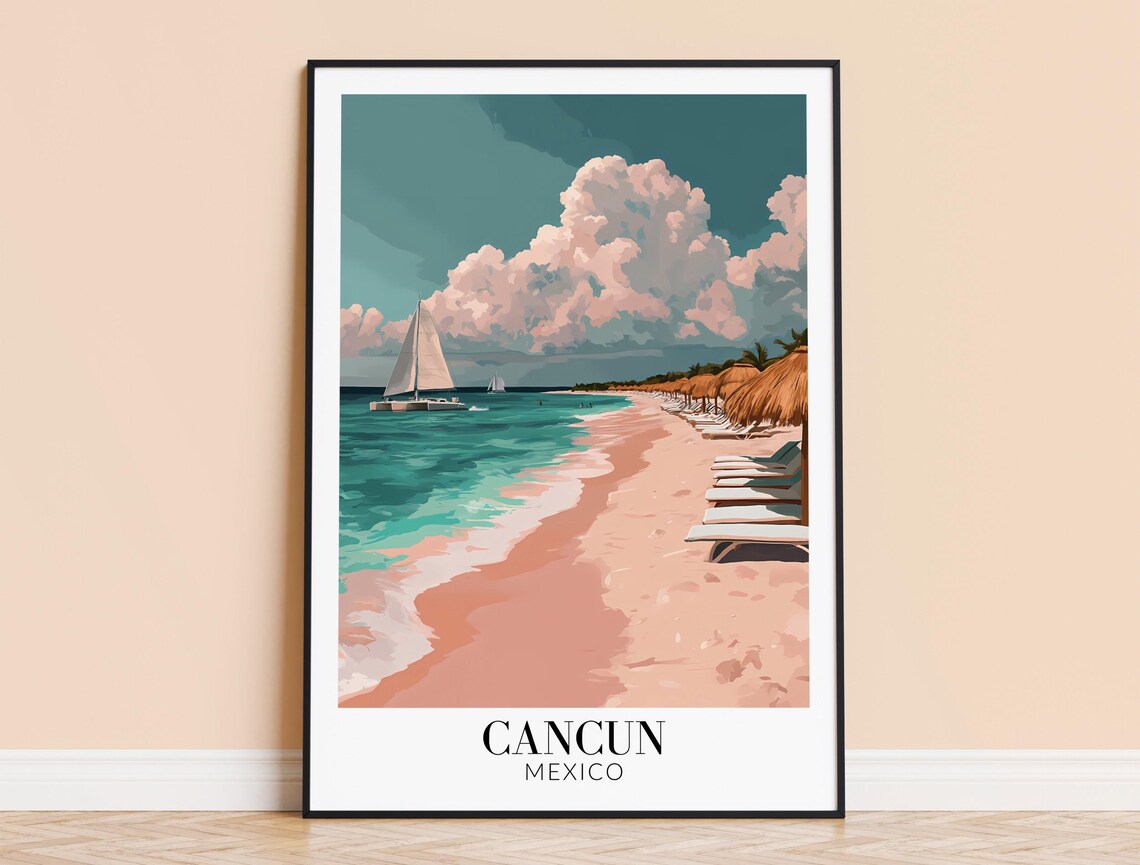 Cancun Mexico Sailboat Pink Sand Beach Travel Poster Paradise