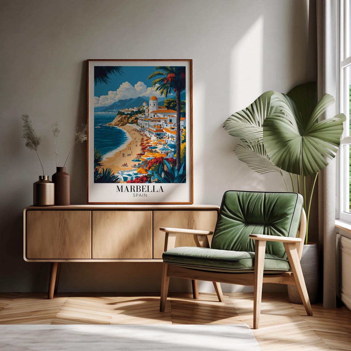 Marbella Spain Vibrant Beach Umbrellas Palm Shore Travel Poster - Image 2