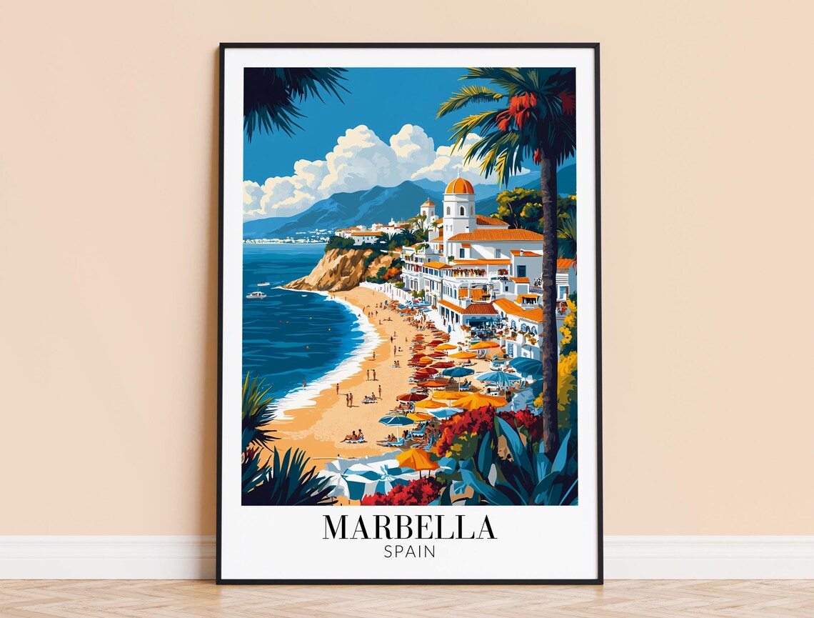 Marbella Spain Vibrant Beach Umbrellas Palm Shore Travel Poster