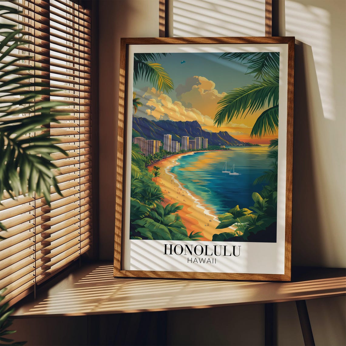 Honolulu Hawaii Waikiki Beach Sunset Poster with Glowing Skyline - Image 4