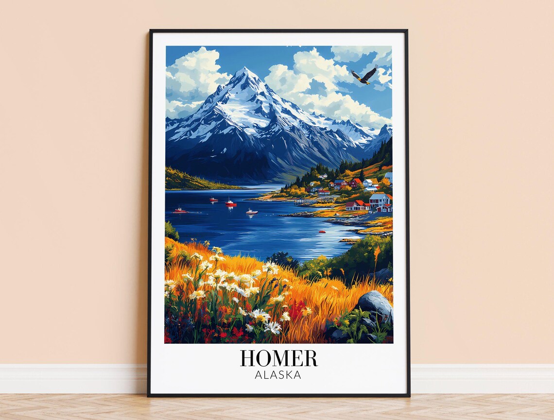 Homer Alaska Snowy Peak Bay Boats Eagle Wildflowers Travel Poster