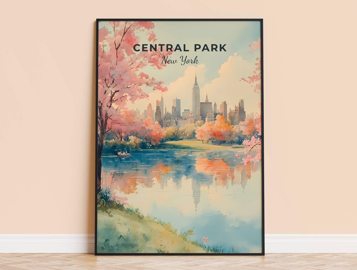 Central Park New York Cherry Blossom Lake Skyline Watercolor Poster
